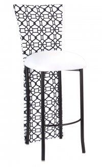 Black and White Kaleidoscope Barstool Jacket with White Suede Cushion on Brown Legs