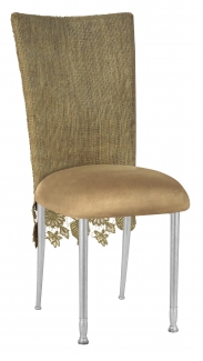 Burlap Chantilly 3/4 Chair Cover with Camel Suede Cushion on Silver Legs