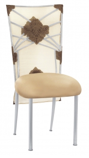 Silver Fanfare with Organza Medallion 3/4 Chair Cover and Toffee Stretch Knit Cushion