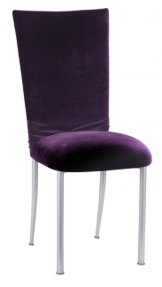 Deep Purple Velvet Chair Cover with Rhinestone Accent and Cushion on Silver Legs