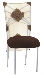 Silver Fanfare with Organza Medallion 3/4 Chair Cover and Chocolate Suede Cushion