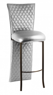 Silver Quilted Leatherette Barstool Jacket with Silver Leatherette Boxed Cushion on Brown Legs