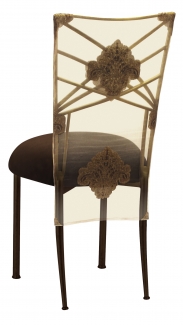 Two Tone Gold Fanfare with Organza Medallion 3/4 Chair Cover and Chocolate Suede Cushion