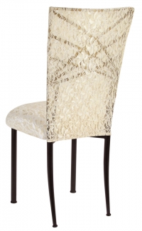 Two Tone Gold Fanfare with Ivory Lace Chair Cover and Ivory Lace over Ivory Stretch Knit Cushion