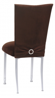 Chocolate Suede Chair Cover, Jewel Belt and Cushion on Silver Legs