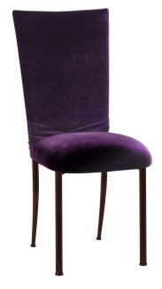 Deep Purple Velvet Chair Cover with Rhinestone Accent and Cushion on Brown Legs