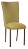 Gold Demure Chair Cover with Jewel Band and Gold Stretch Knit Cushion on Brown Legs